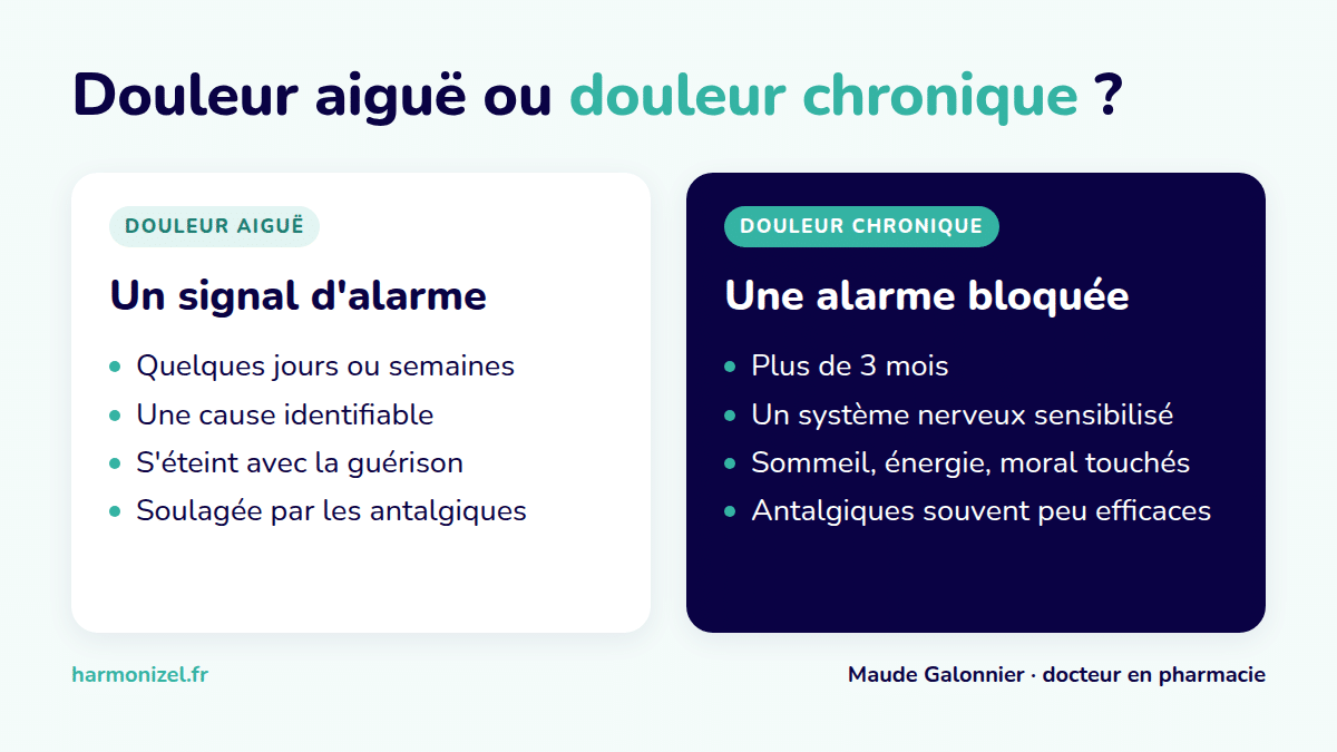 Tableau : différences entre douleur aiguë (signal d'alarme) et douleur chronique (plus de 3 mois, système nerveux sensibilisé)
